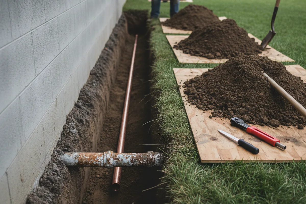 Excavated water line trench during Water Heater Repair in Groton